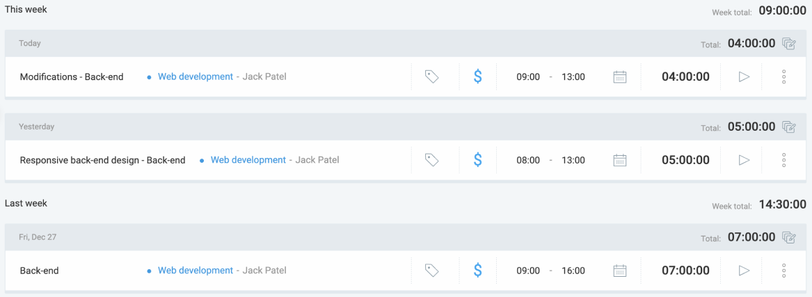 Checklist time entries in Clockify