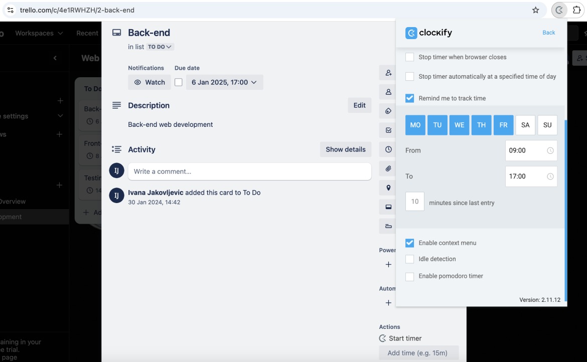 Setting reminders to track time in Clockify