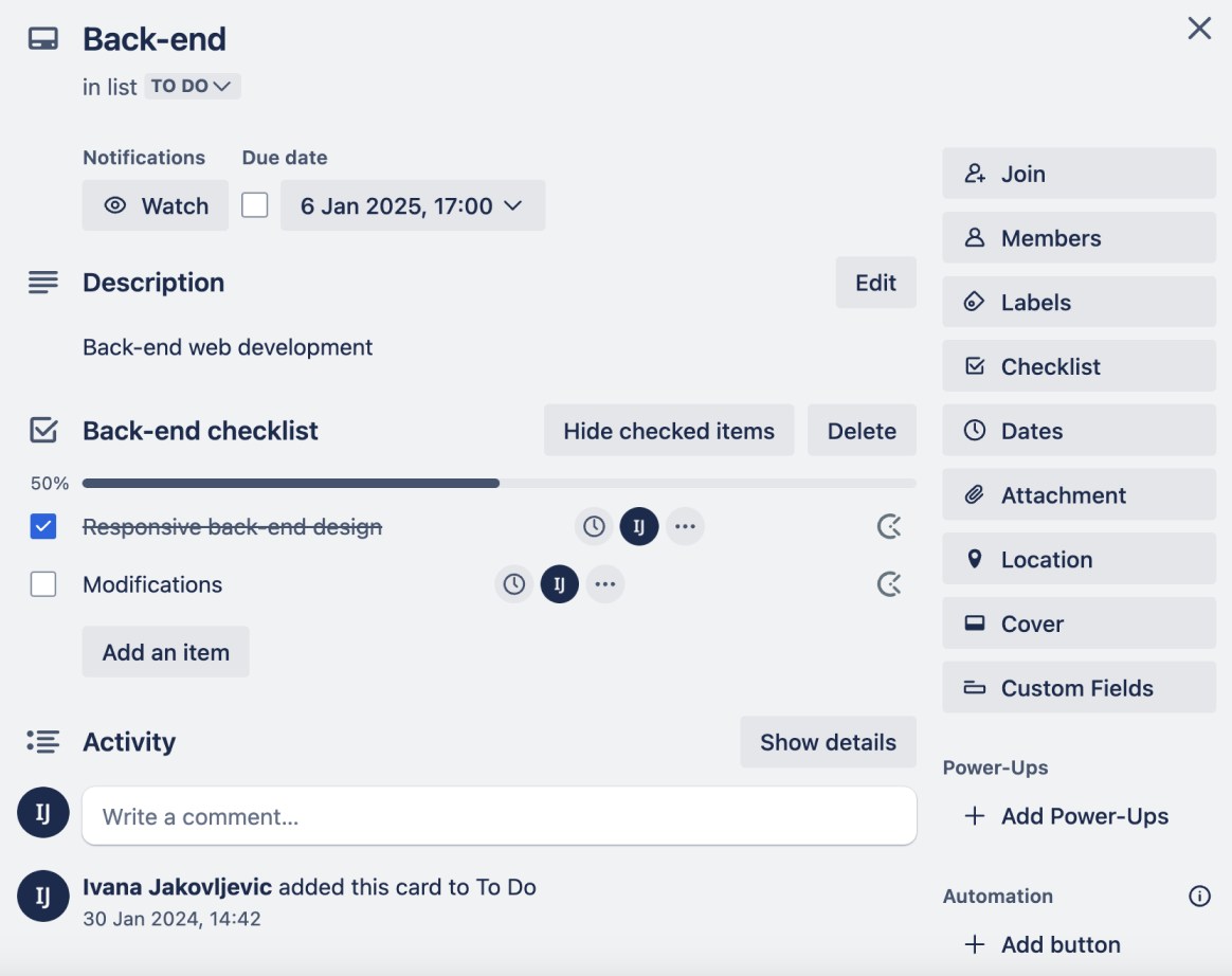 Sub-tasks in Trello checklist