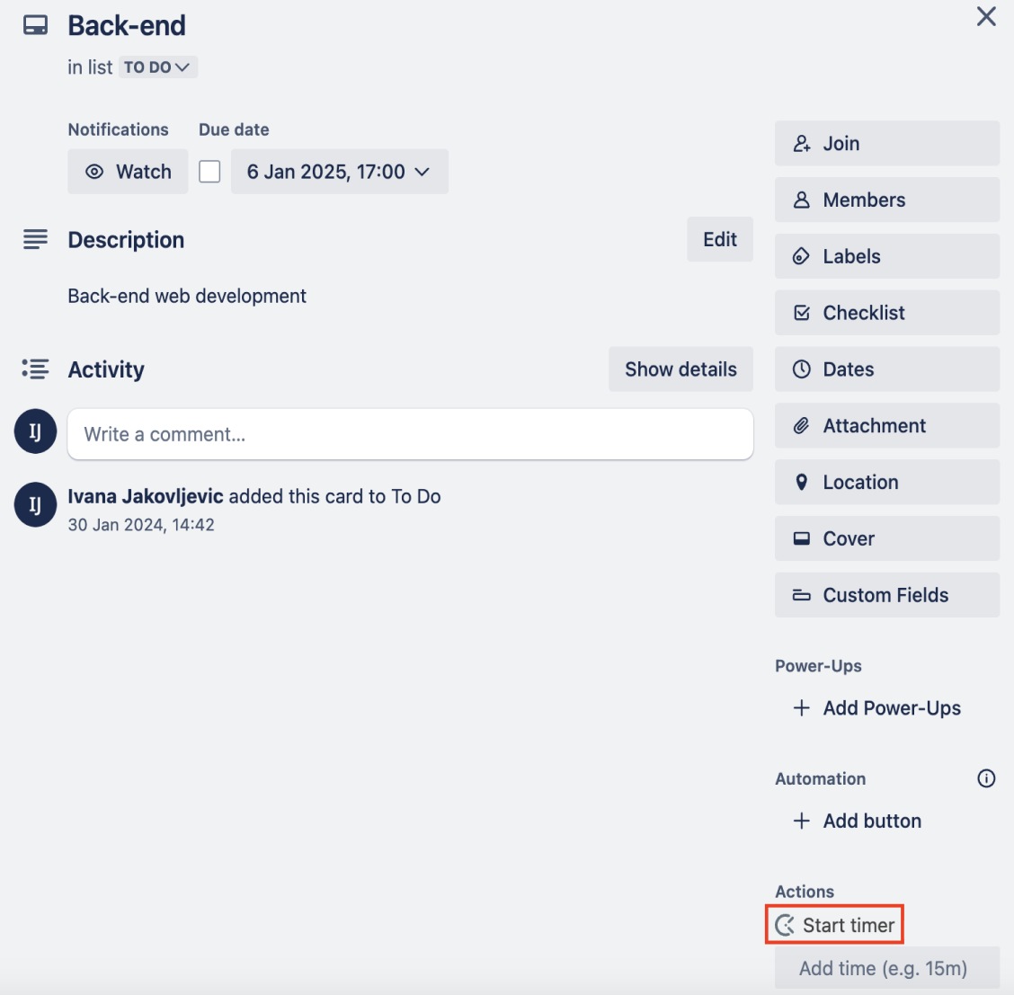 Tracking time by clicking on the Clockify's Start timer button