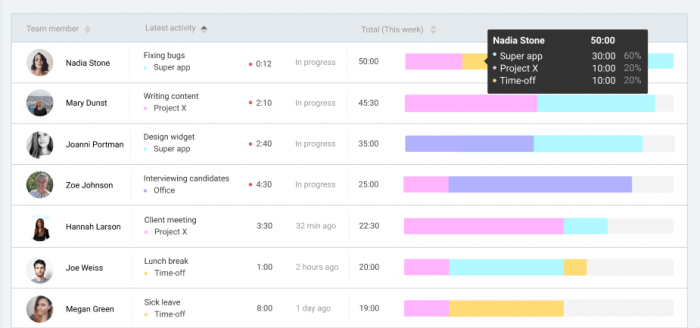 clocked-in activity screenshot in Team Dashboard