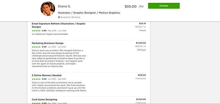 Upwork, example freelancer with reviews