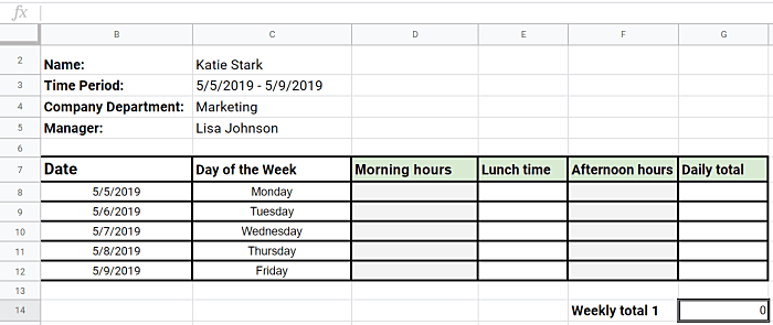 Excel timesheet with formulas