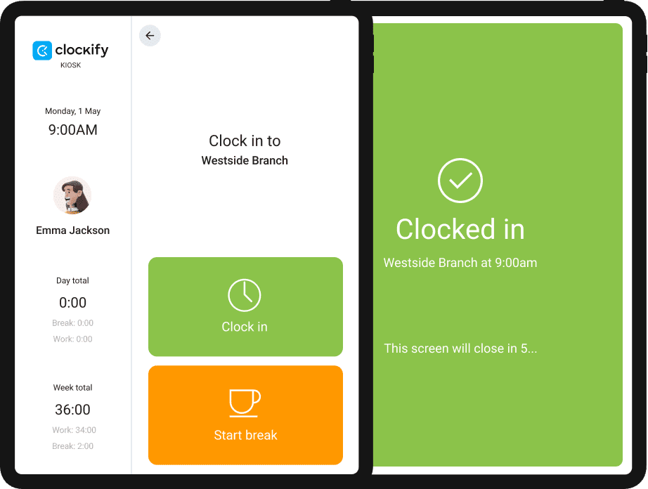 Time clock kiosk in clockify