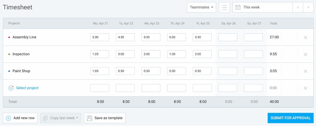 Timesheets in Clockify