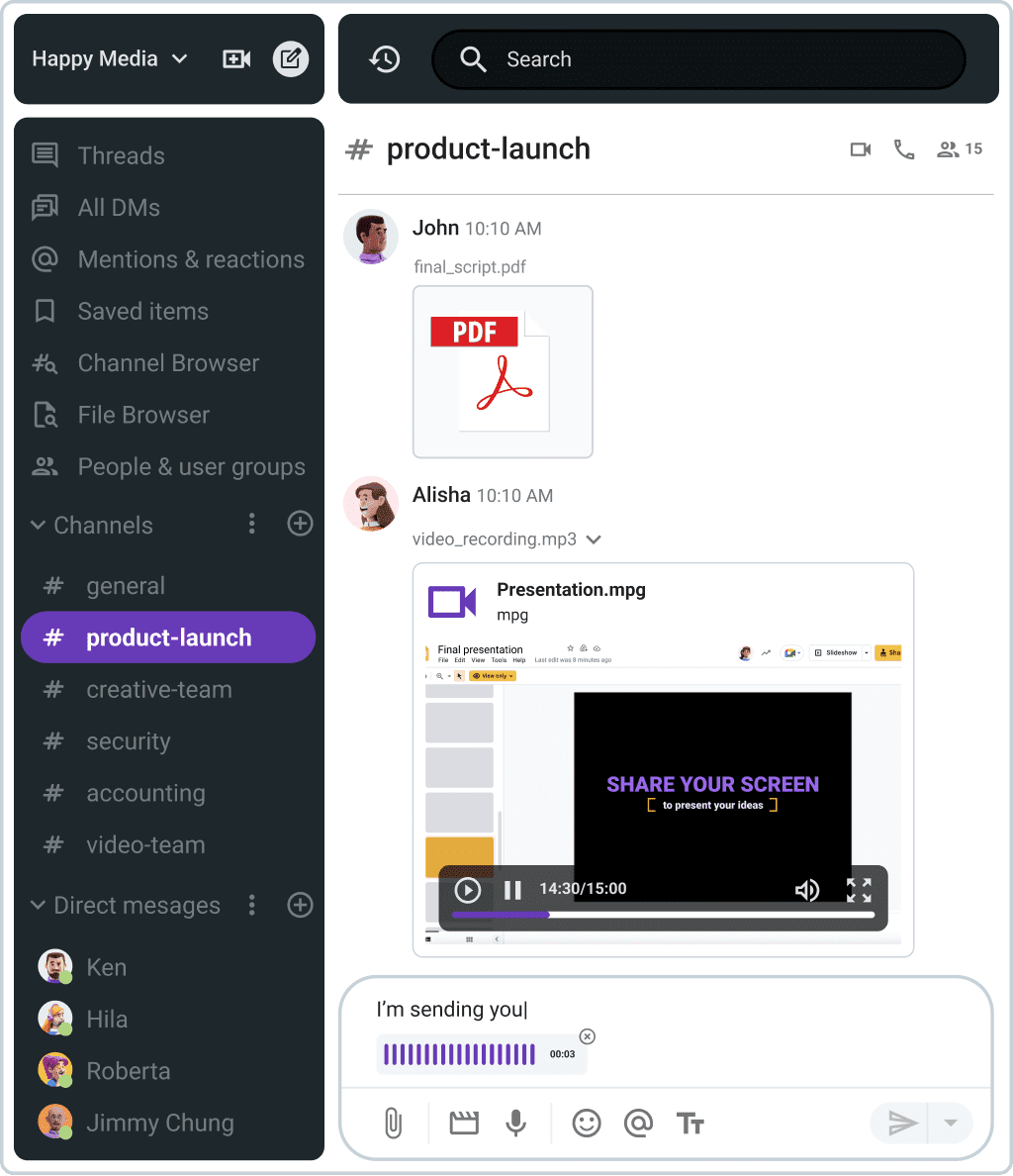 Sharing messages, files, and videos in Pumble
