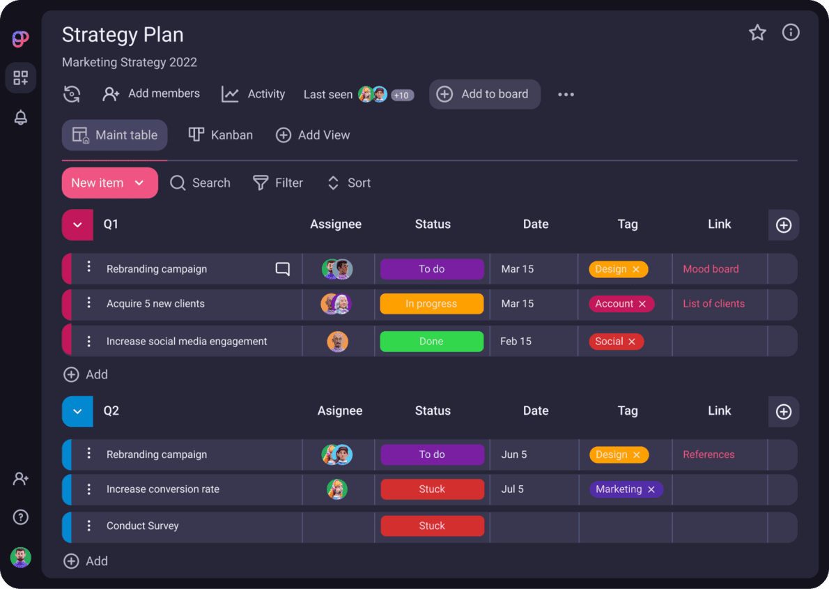 A board with tasks and deadlines in Plaky (dark mode)
