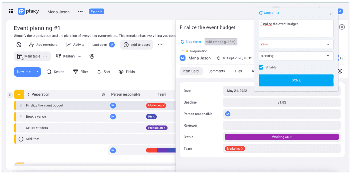 Plaky integration with Clockify (light mode)
