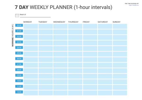 blank week calendar with times