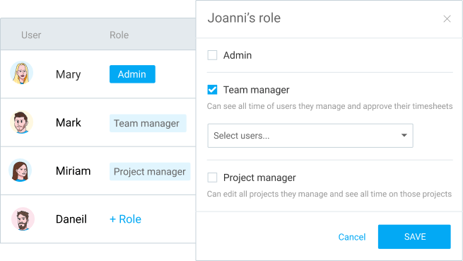A team manager role in Clockify