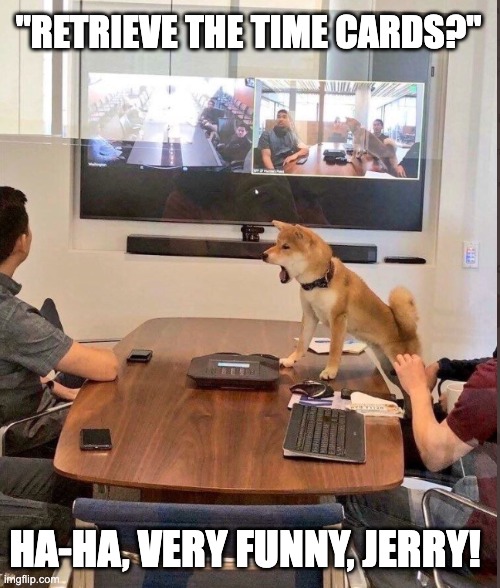 Dog in meeting timesheet meme