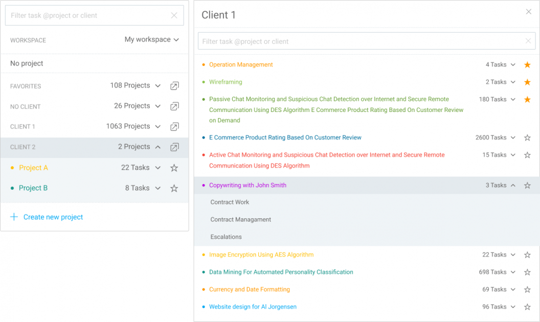 Clockify allows you to quickly filter your tasks and projects
