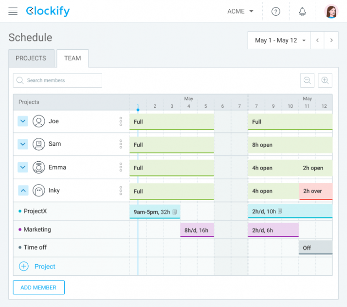 In Clockify, you can quickly glance at everyone’s availability and decide how to create an efficient schedule