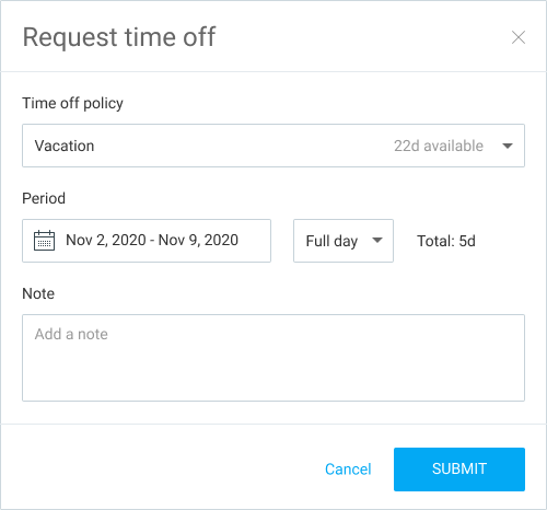 Requesting time off in Clockify