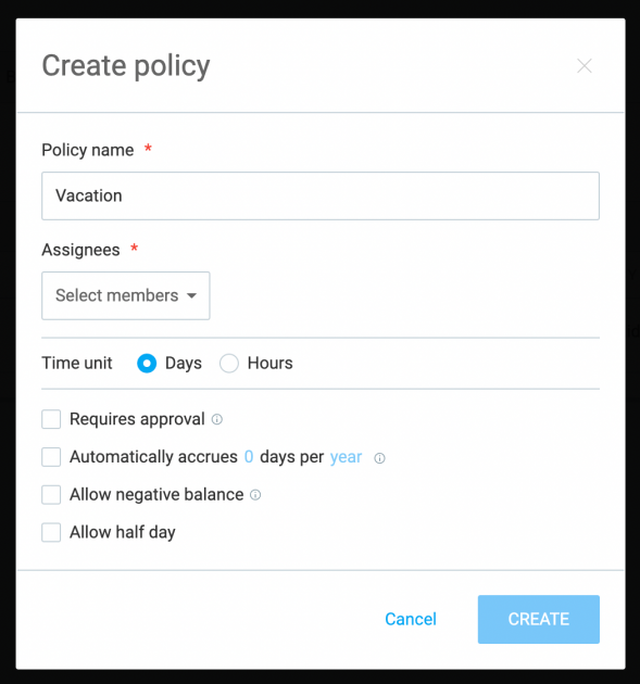 4. Create time off policy (details)