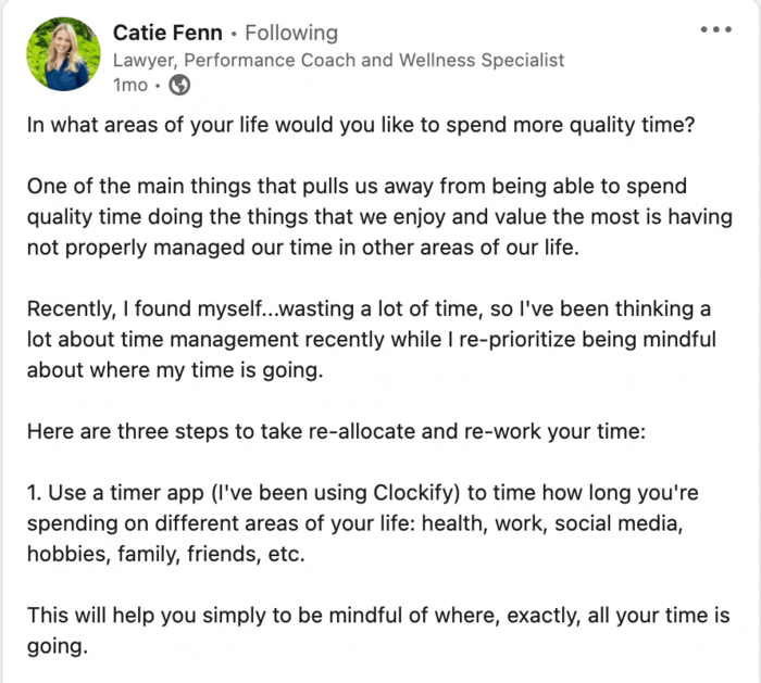 Catie Fenn LinkedIn post