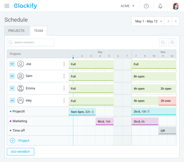 In Clockify you can visualize projects and shifts and schedule work accordingly  