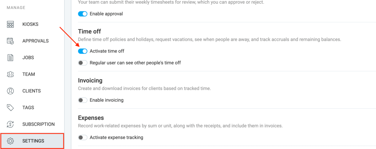 Enabling time off feature in Clockify