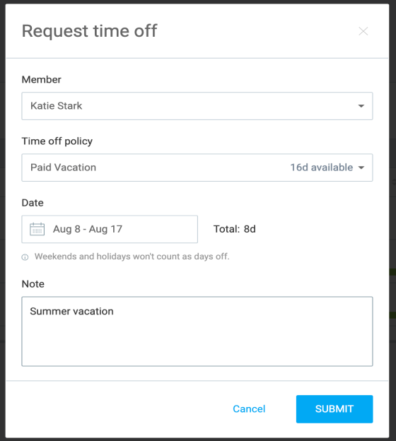 Time off request Clockify