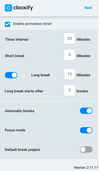 Clockify Firefox extension - Pomodoro timer settings