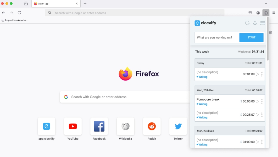 Clockify Firefox extension