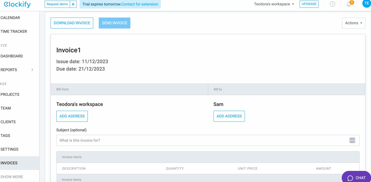 Clockify invoice