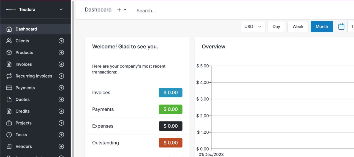 Invoice Ninja dashboard