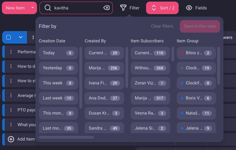 Multiple filters help you quickly find a project or task
