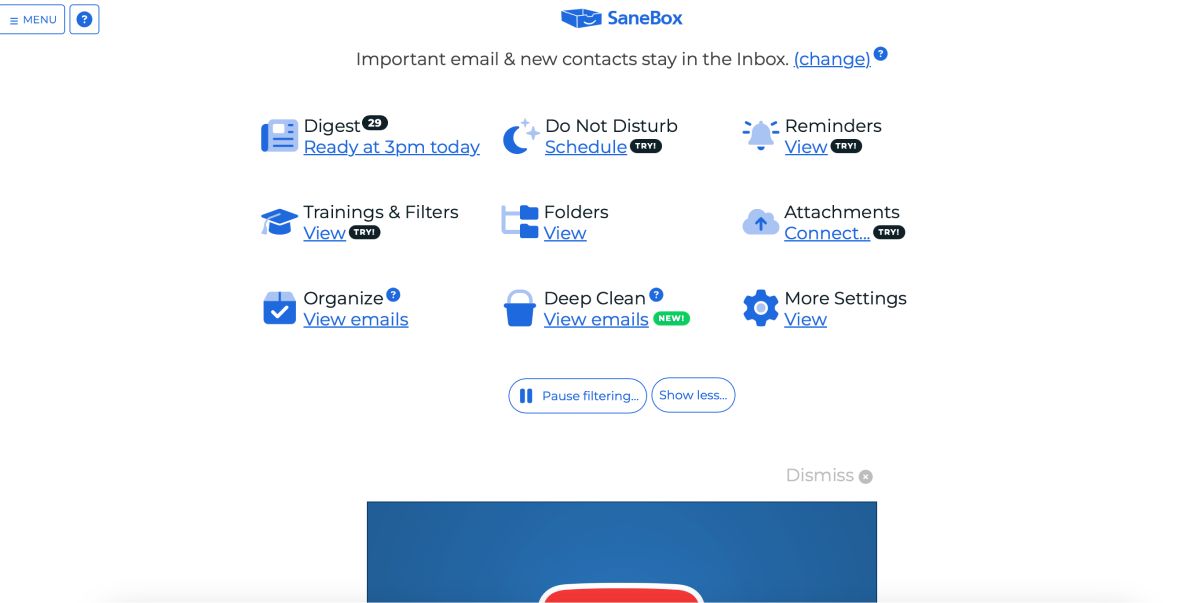 Sanebox dashboard