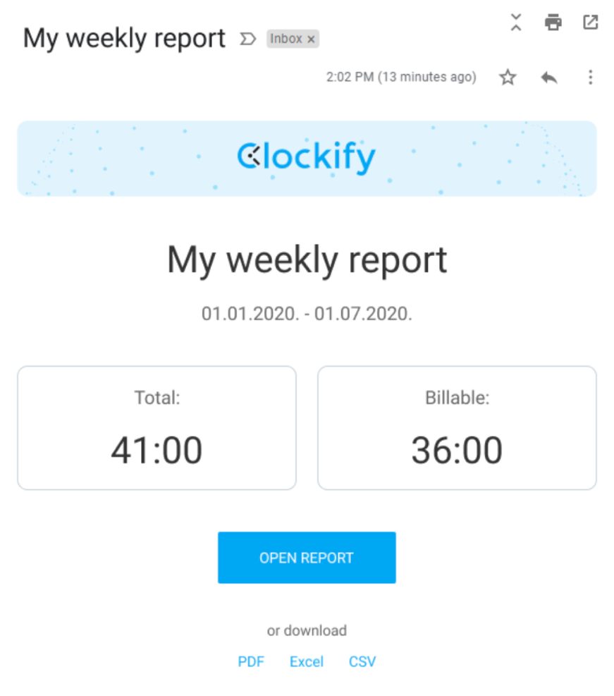 Scheduled weekly report Clockify