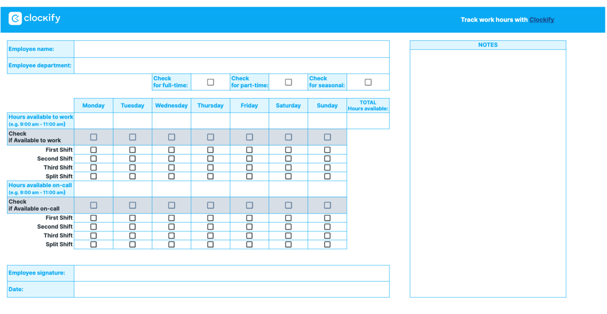 Employee availability form template