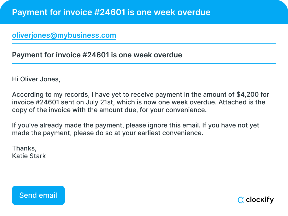 Payment for invoice #24601 is one week overdue