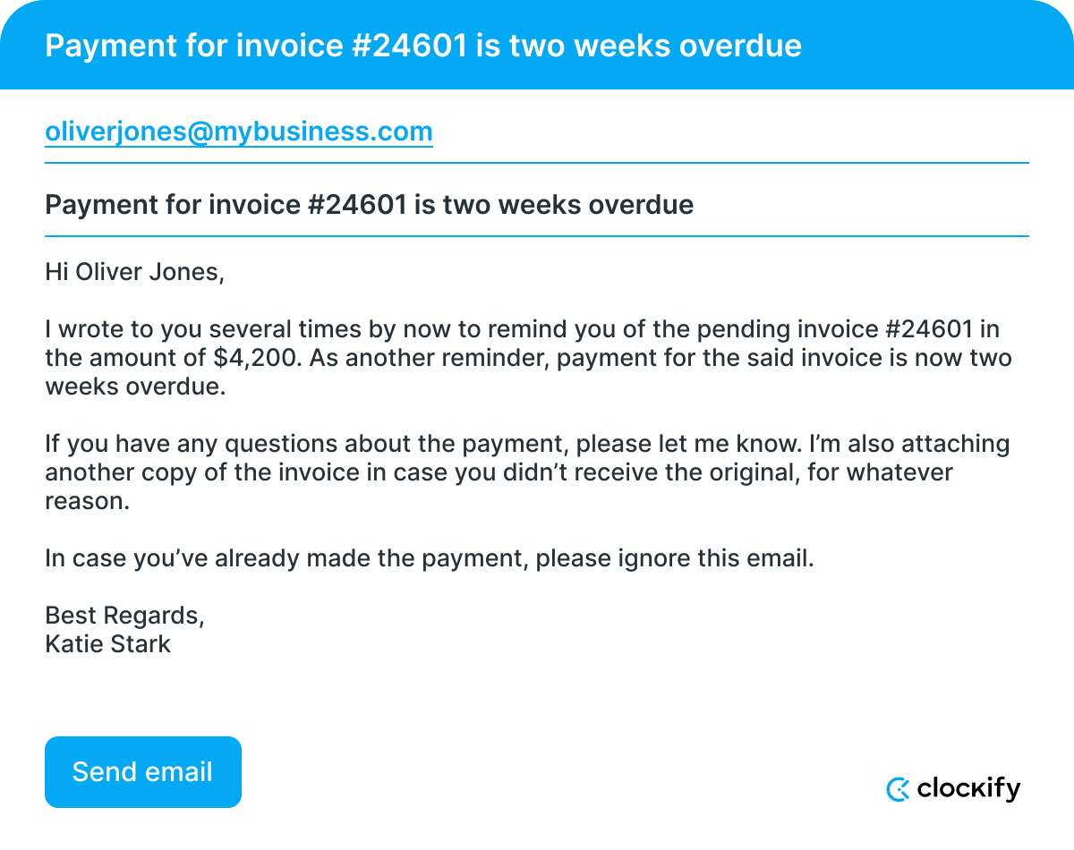 Payment for invoice #24601 is two weeks overdue