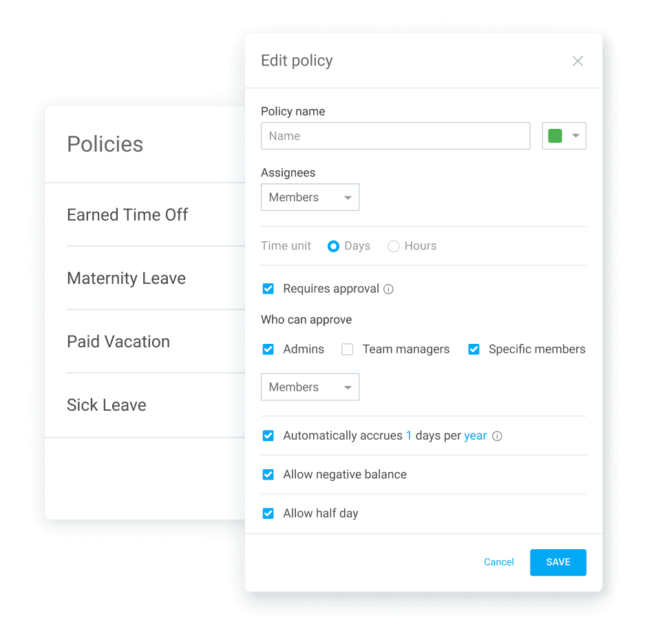 Creating a time off policy in Clockify