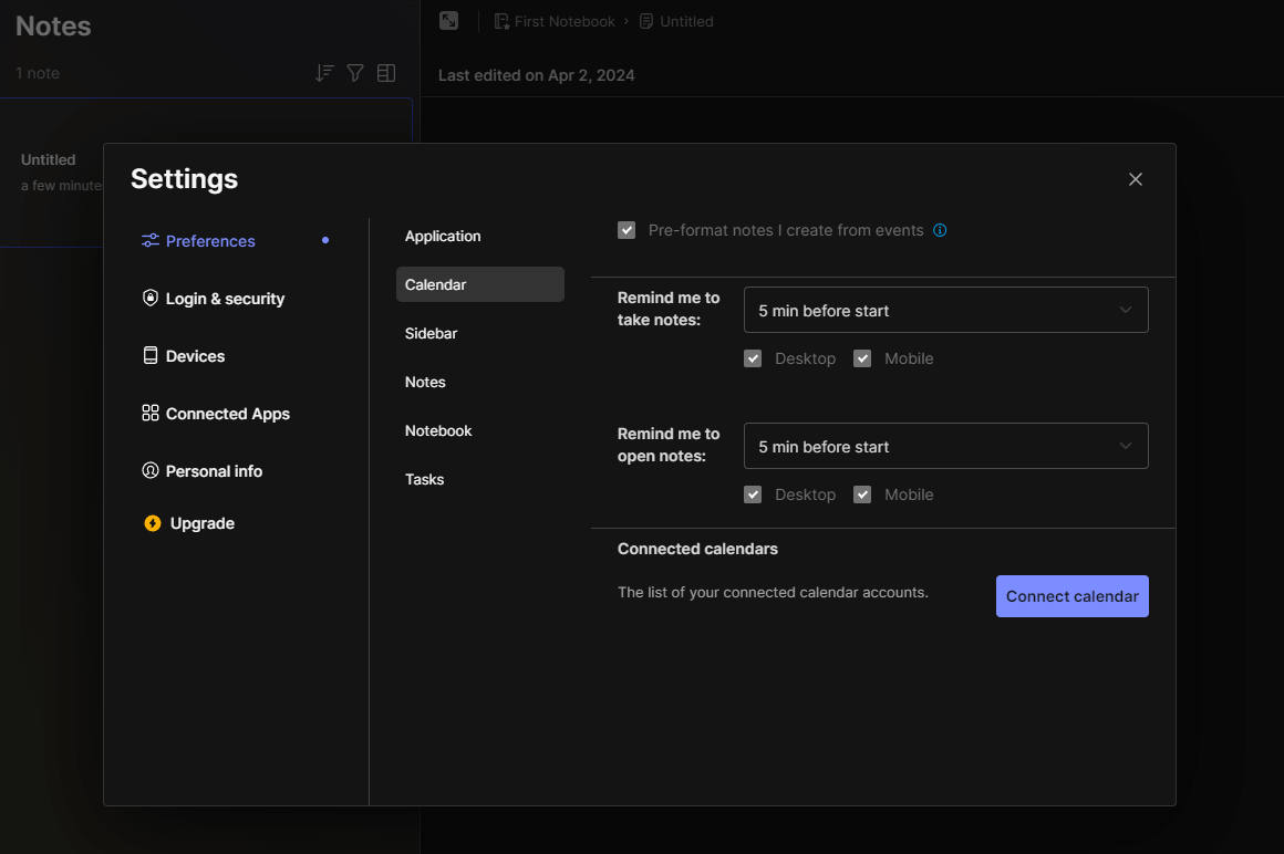 Evernote Calendar Options