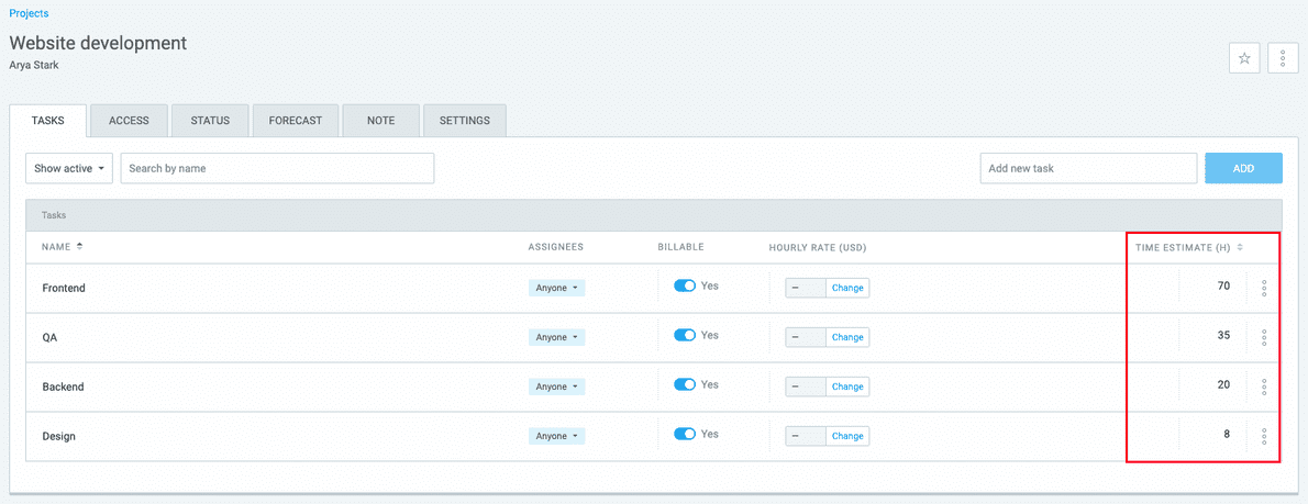 Task-based time estimation in Clockify