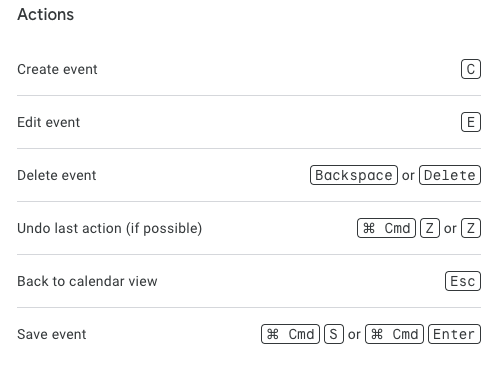 Calendar shortcuts