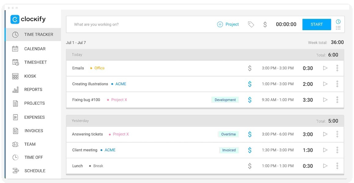 Time tracking options