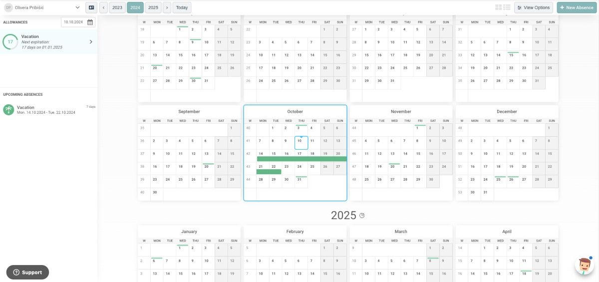 Absence.io personal calendar