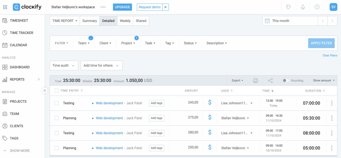 Clockify detailed reports