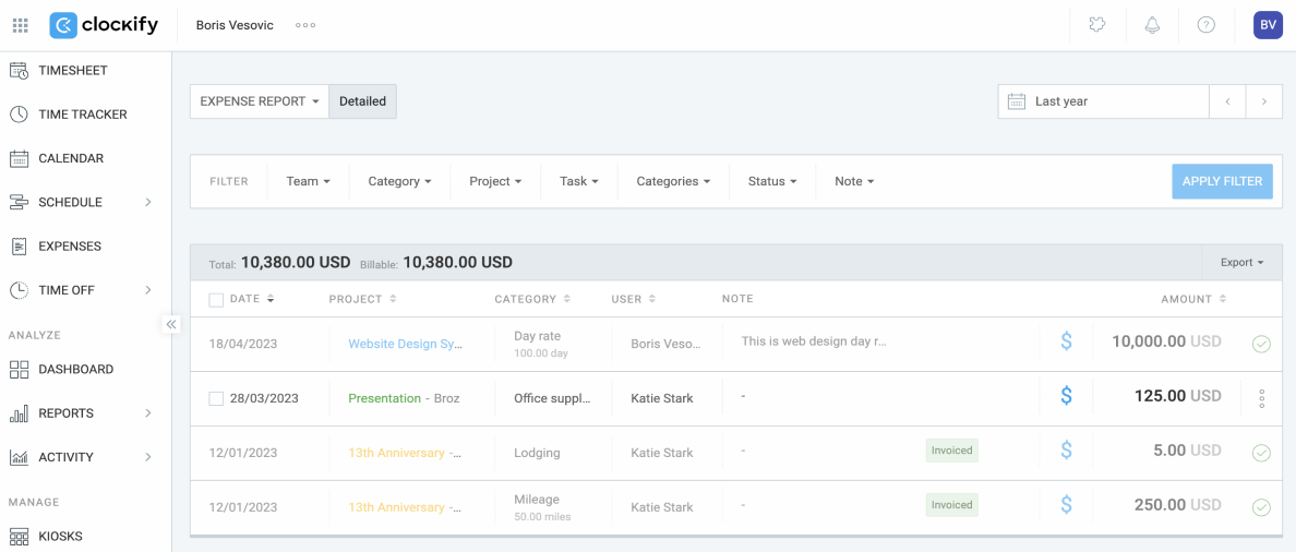 Clockify expense report