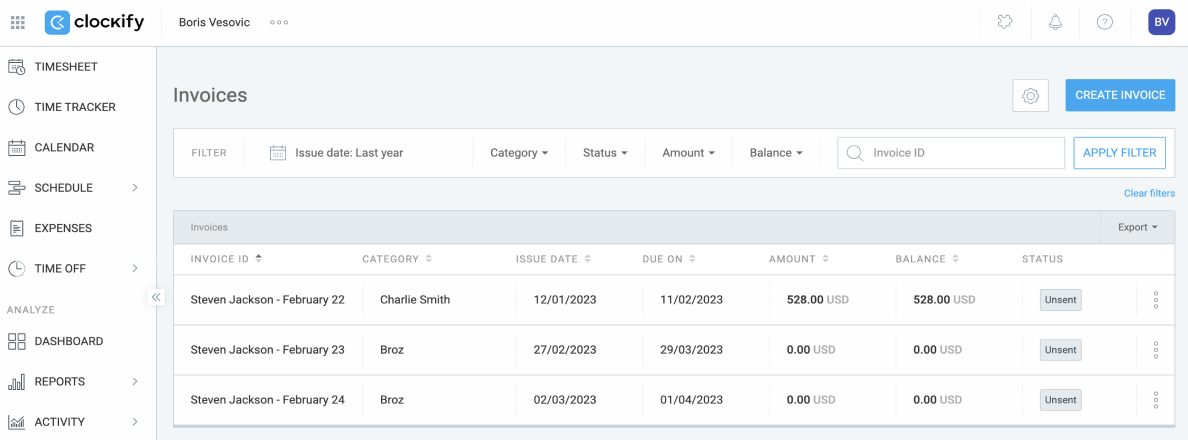 Clockify invoices