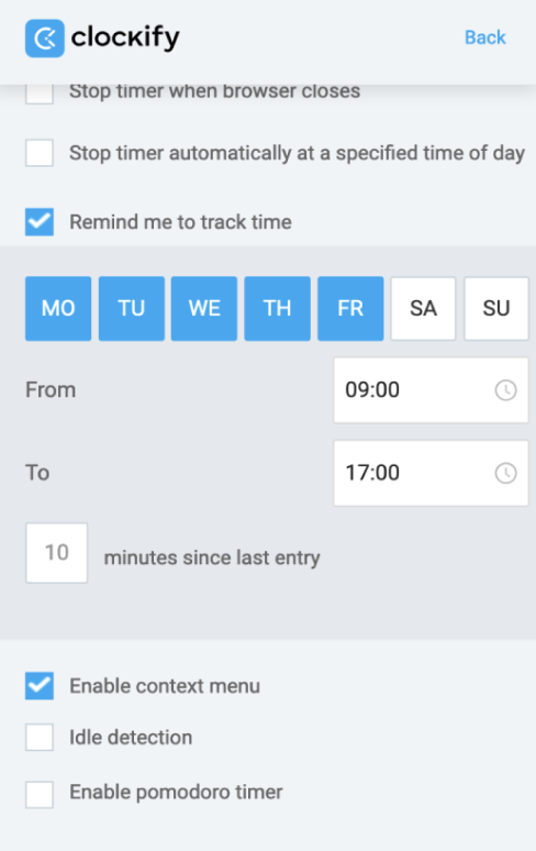 Remind me to track time option in Clockify