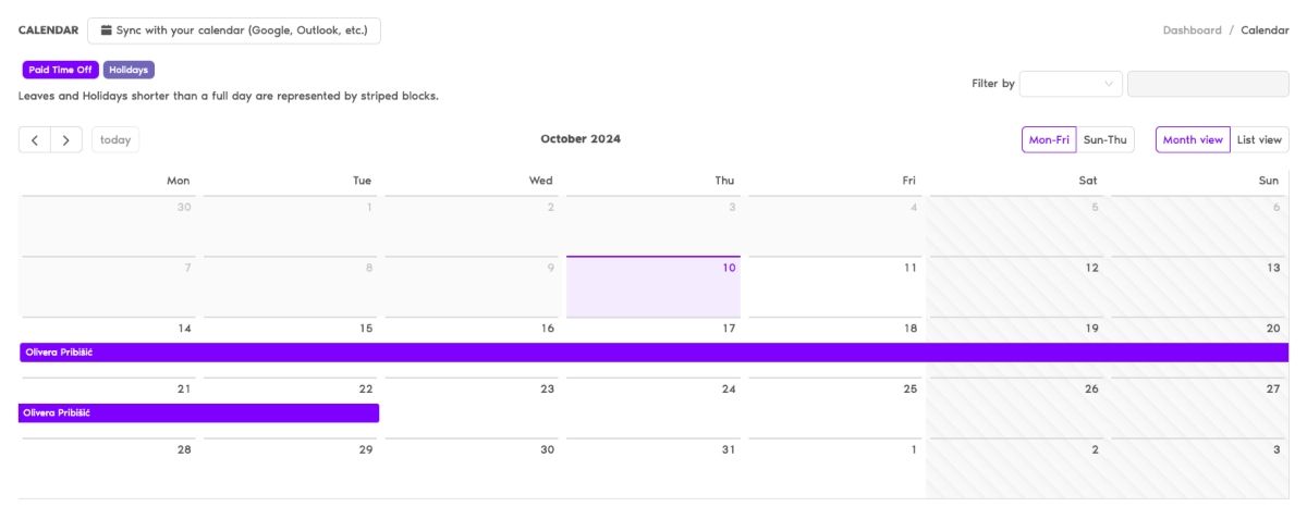 Vacation Tracker calendar