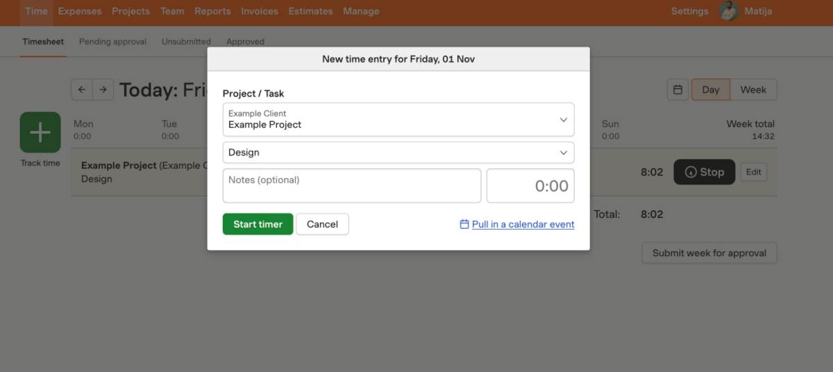 Adding time entry in Harvest app