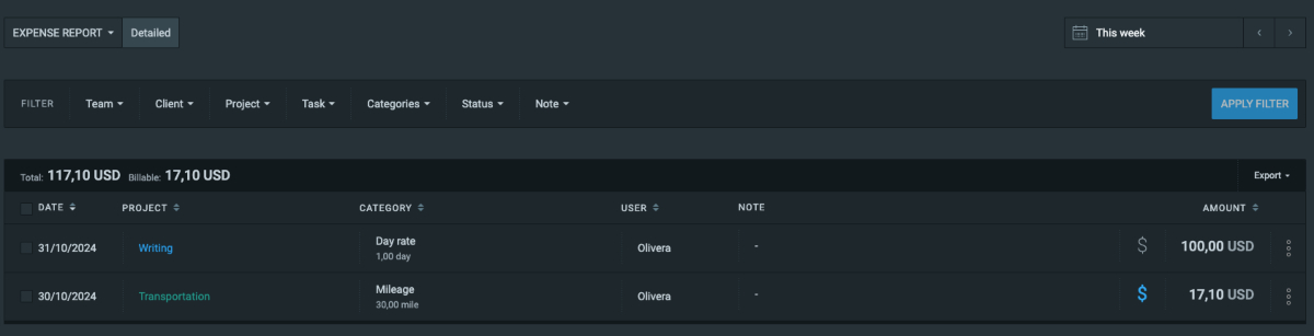 Clockify - Expense report
