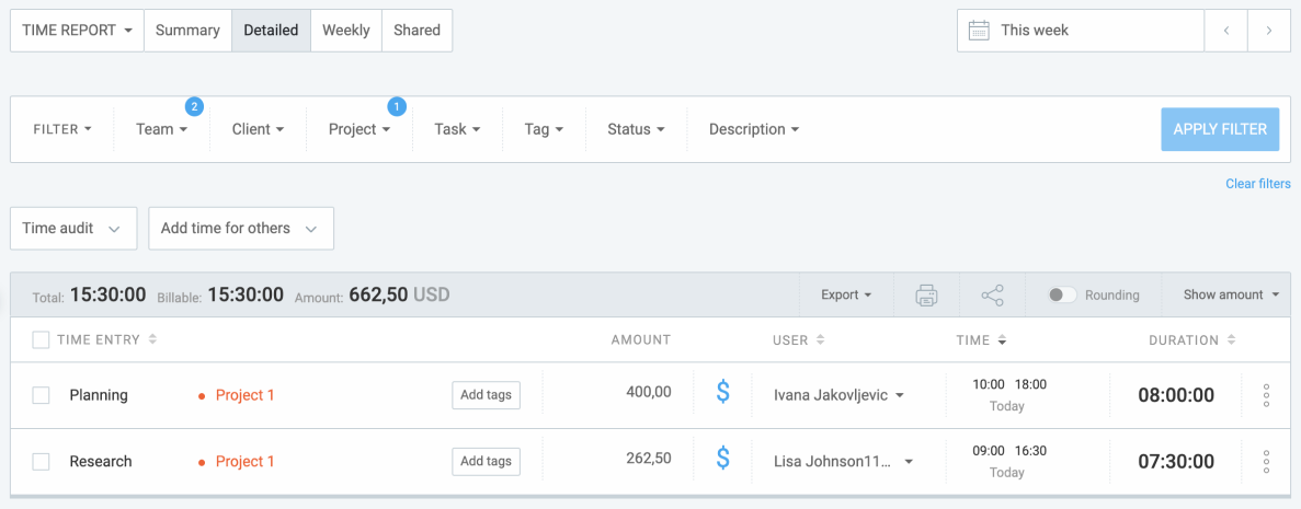 Clockify detailed report