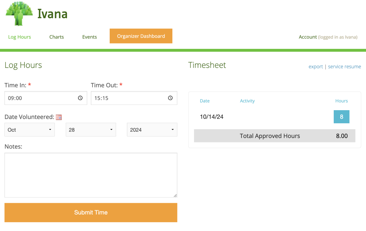 Logging hours in Track It Forward