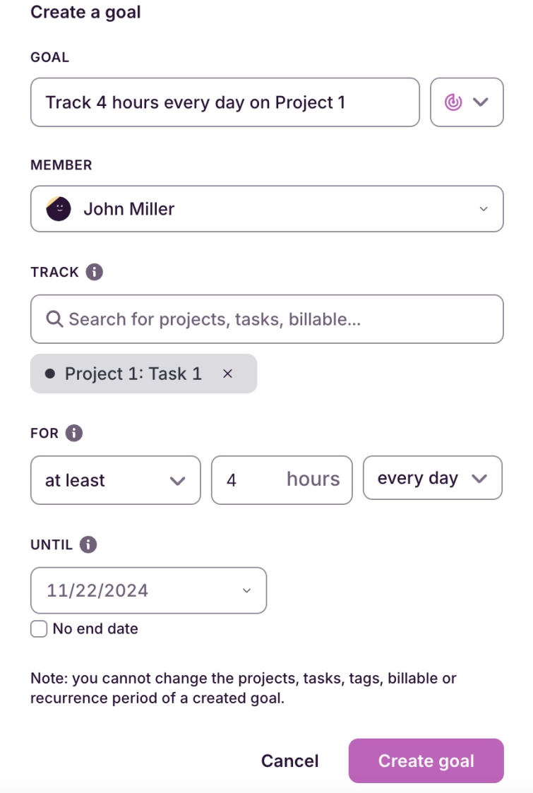 Setting goals in Toggl Track