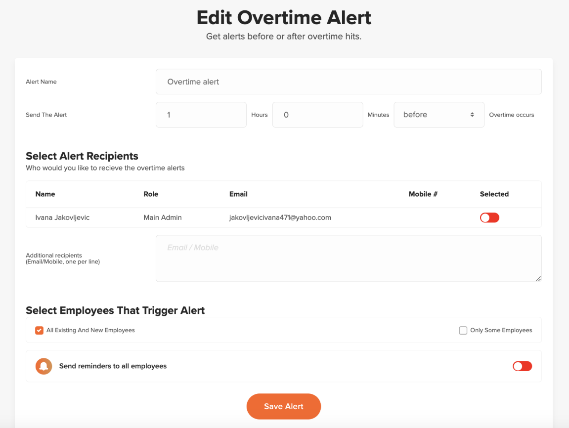 Setting overtime alerts in On The Clock